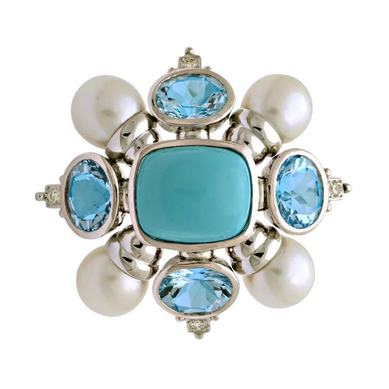 Bead cluster brooch-Brooch-Turquoise, Blue Topaz, South Sea Pearl and Diamond