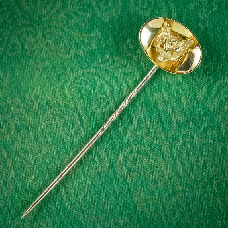 Cultured pearl brooch-Vintage Fox Stick Pin 18ct Gold Dated 1970