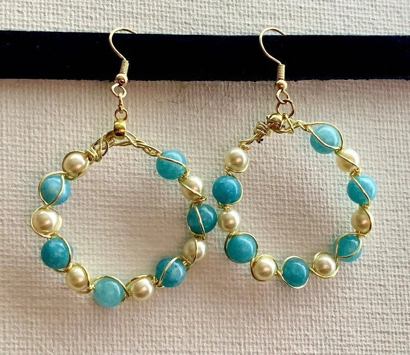 Cool wood earrings-Hali- Handcrafted Genuine Aquamarine and Cultured Pearl Hoop Earrings