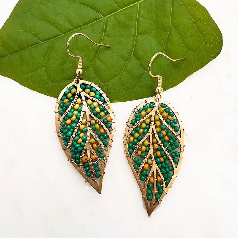 Reef knot earrings-Beaded Leaf Earrings - Green, Guatemala