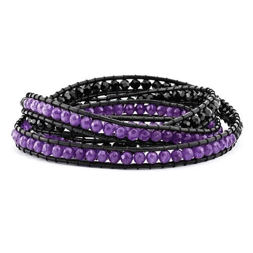 Hand-polished bangles-Black Crystal And Purple Quartz Leather Multi-Wrap Bead Bracelet