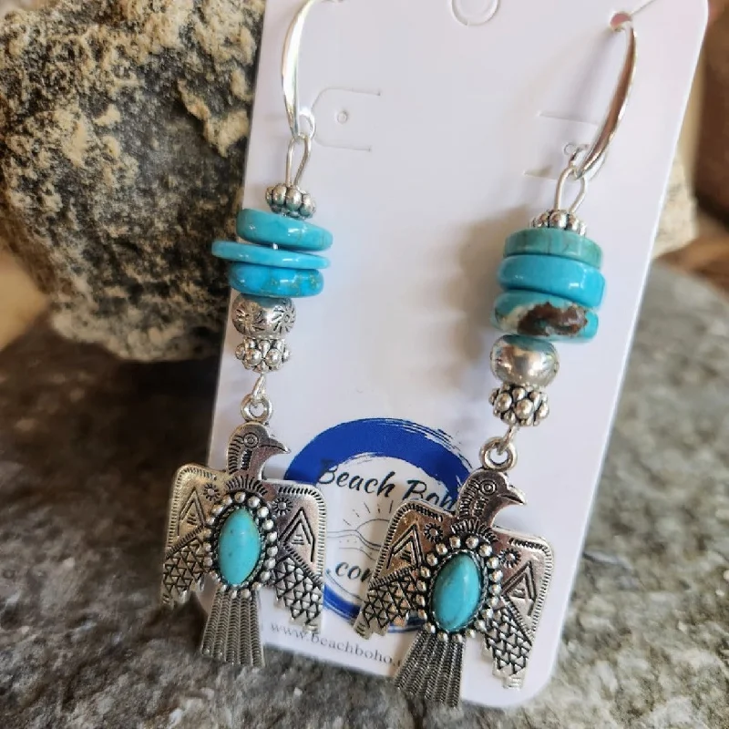 Art deco earrings-NAVAJO TURQUOISE THUNDERBIRD DANGLE EARRINGS