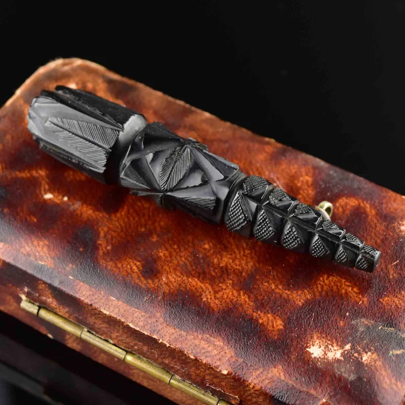 Worn texture brooch-Antique Victorian Carved Long Whitby Jet Brooch