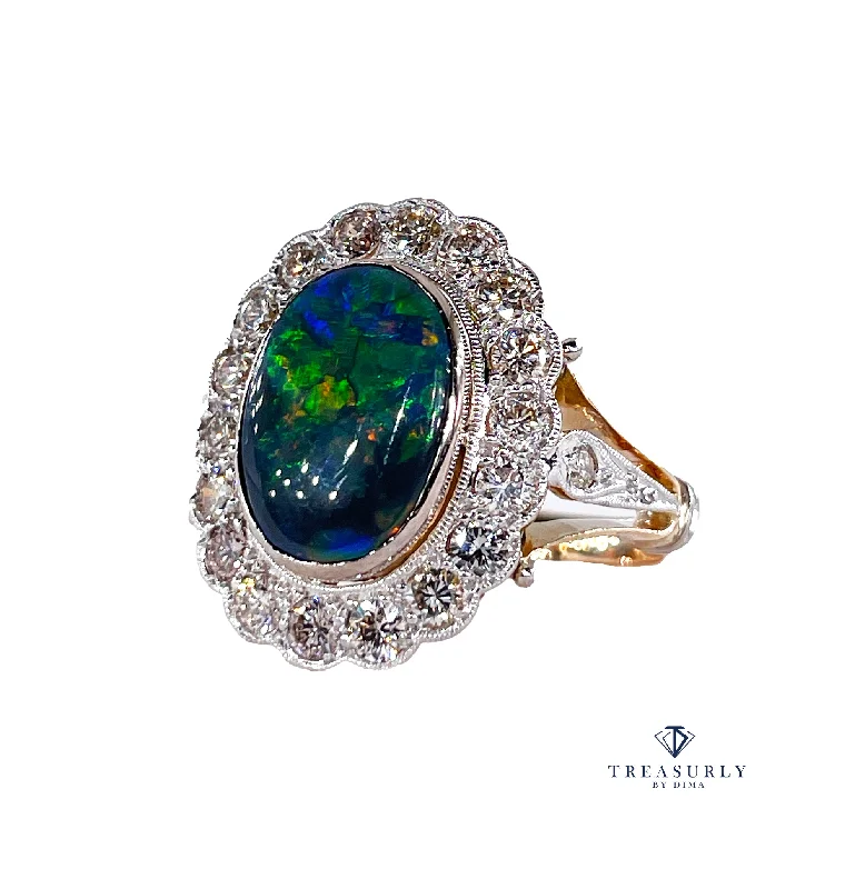 Dainty gold rings-An exquisite 2.25ct Authentic Antique Art Deco Black Opal and Diamond Cluster Cocktail 18K Gold Ring