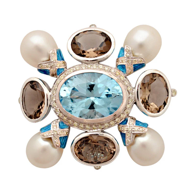 Pure star brooch-Brooch-Blue Topaz, Smokey Quartz, South Sea Pearl and Diamond (Enamel)