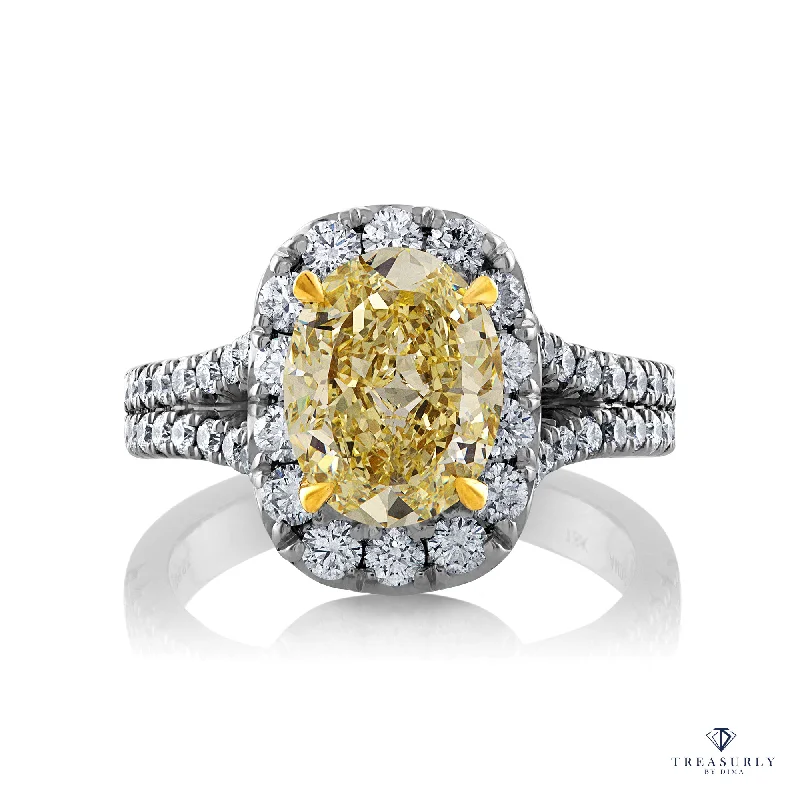 Plaited design rings-Estate “Canary” GIA 3.23ct Natural Fancy YELLOW VS1 Oval Diamond 18K Halo Ring