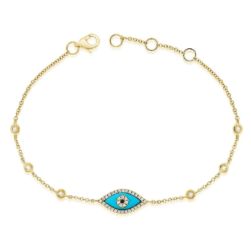 Elastic cord bangles-14k Gold Turquoise & Diamond Evil Eye Bracelet