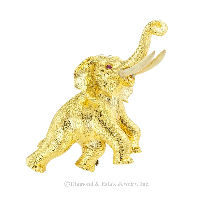 Polished silver brooch-Ruby Enamel Yellow Gold Elephant Clip Brooch