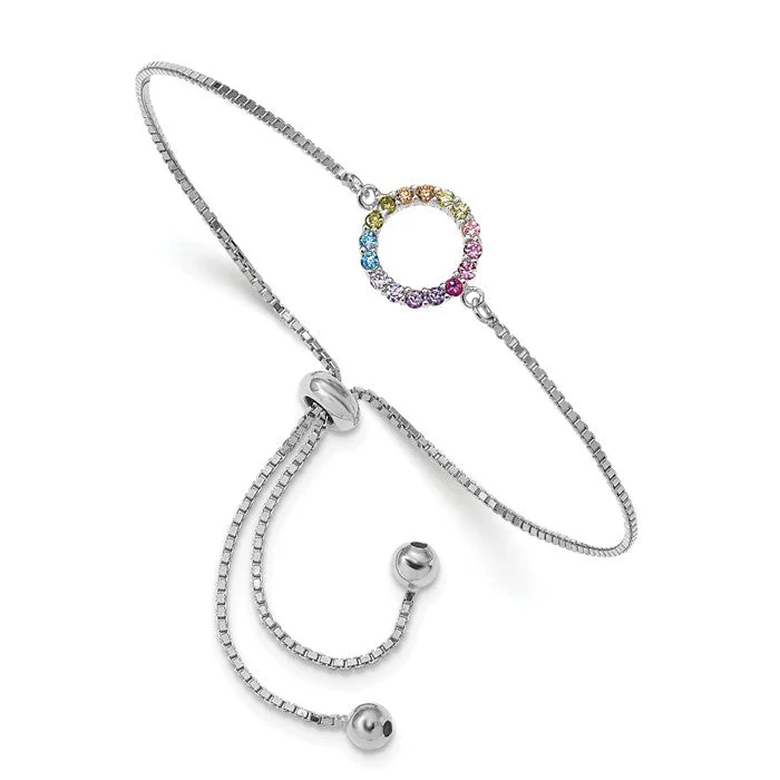 Victorian charm bangles-Sterling Silver Colorful Rainbow CZ Open Circle Adjustable Bolo Bracelet