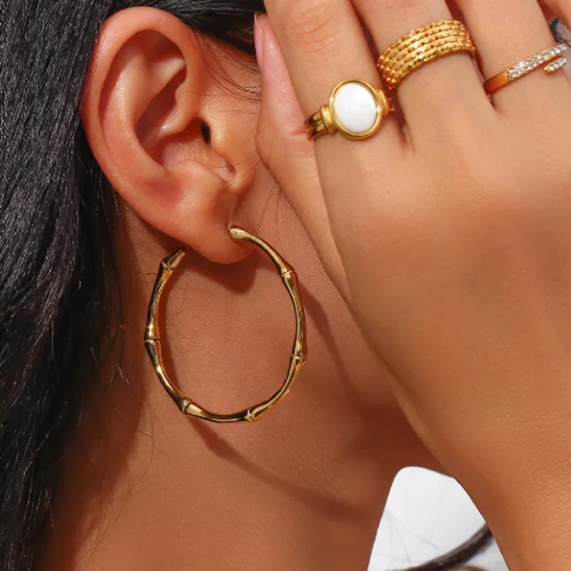 Wide hoop earrings-FESTIVAL HOOPS -  GOLD WATERPROOF BAMBOO HOOP EARRINGS