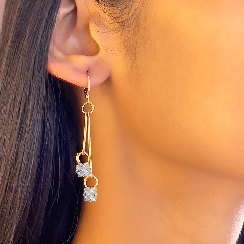 Small wing earrings-Square White Crystal Diamante Stud Rose Gold-Toned Hoop Drop Earrings