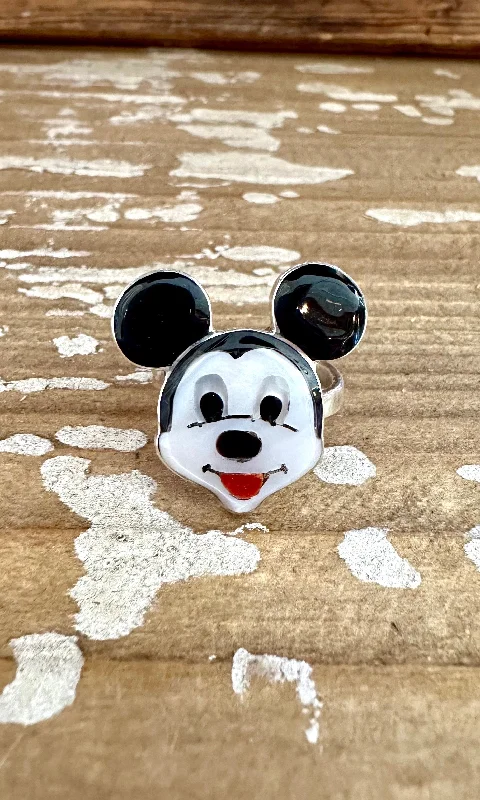 Sapphire solitaire rings-MICKEY MOUSE Zuni Toons Inlay Silver Ring • Adjustable Sizes