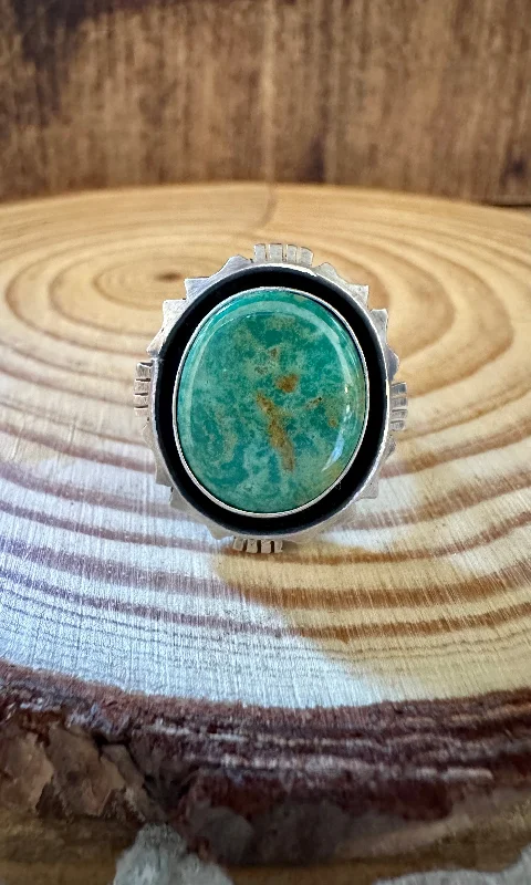 Bold druzy rings-GREEN SHADOWBOX Skeets Silver & Turquoise Ring • Size 6 1/2