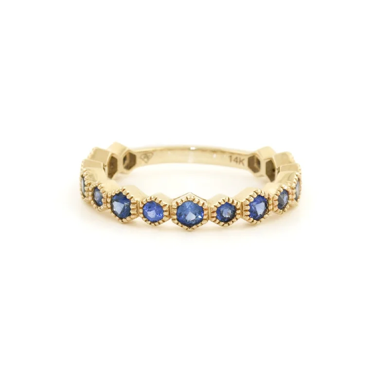 Wide gold rings-14k Gold x Sapphire Semi-Eternity Hex Band