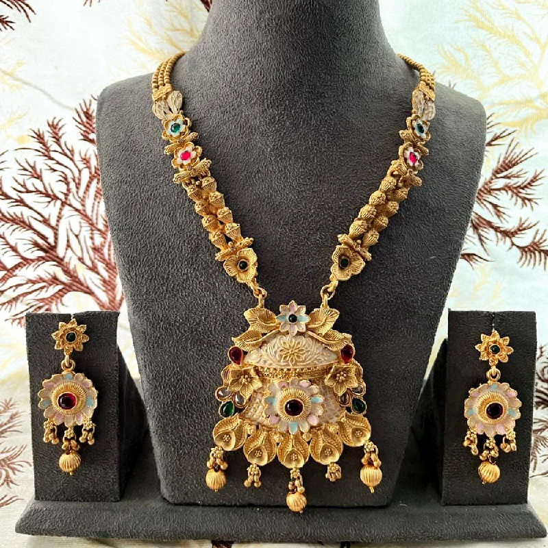 Tarnished silver necklaces-India Art Gold Plated Pota Stone And Beads Necklace Set