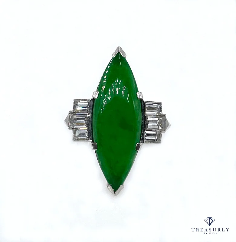 Topaz solitaire rings-Art Deco Natural UNTREATED GIA 6.60ct Jade JADEITE Diamond Platinum Ring