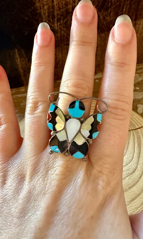 Spirit eye rings-TAKING FLIGHT Allison Dishta Inlay Butterfly Zuni Ring • Size 9