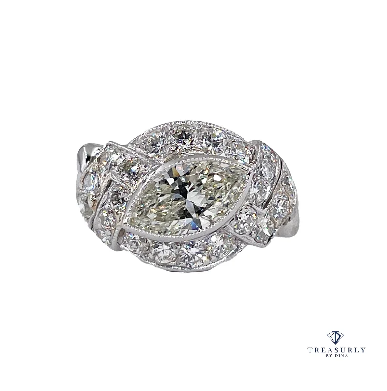 Tiered design rings-Exquisite Antique Art Deco 2.51ct Moval Marquise Cut Diamond PL Engagement Ring