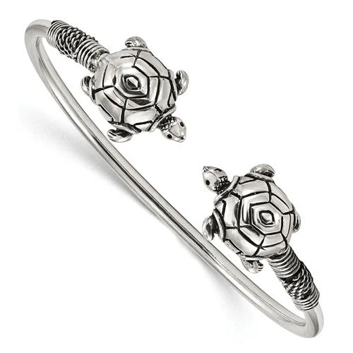 Quirky bead bangles-Sterling Silver Antiqued Turtle Flexible Bangle Bracelet