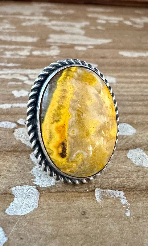 Topaz solitaire rings-SCOTT SKEETS Navajo Bumblebee Jasper and Sterling Silver Ring • Size 6