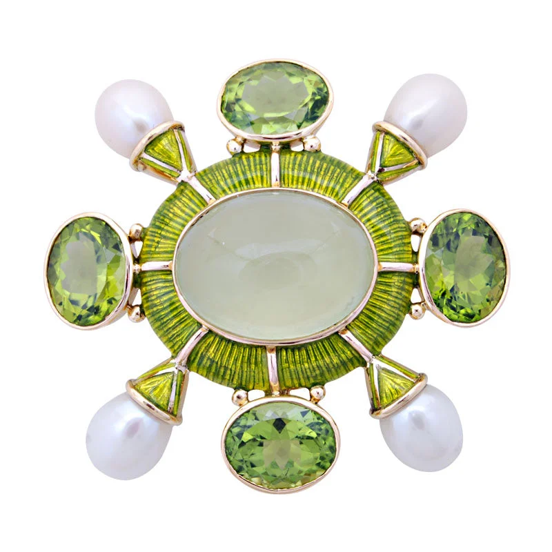 Luxe diamond brooch-Brooch-Prehnite, Peridot and Pearl (Enamel)