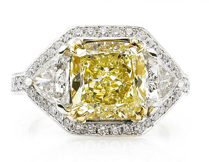 Light clay rings-GIA 5.10ct Estate Vintage Fancy Yellow Cushion Diamond 3 Stone Engagement ring in Platinum/18k YG