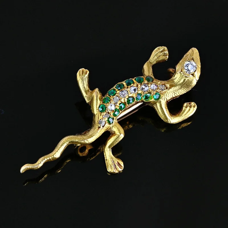 Petal carved brooch-Antique Emerald & Rose Cut Diamond Salamander Brooch in 14K Gold