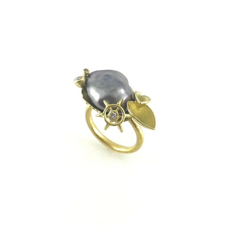 Bamboo style rings-Tahitian Pearl Ring