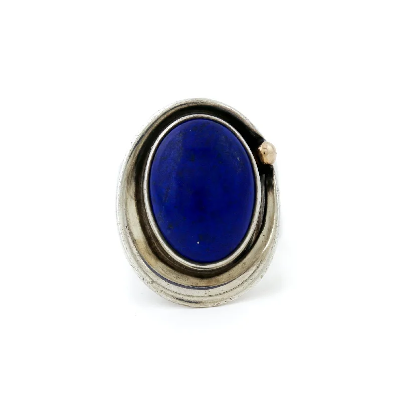 Mystic eye rings-Silver Two-Toned x Vintage  Bezel-Set Oval Lapis Ring