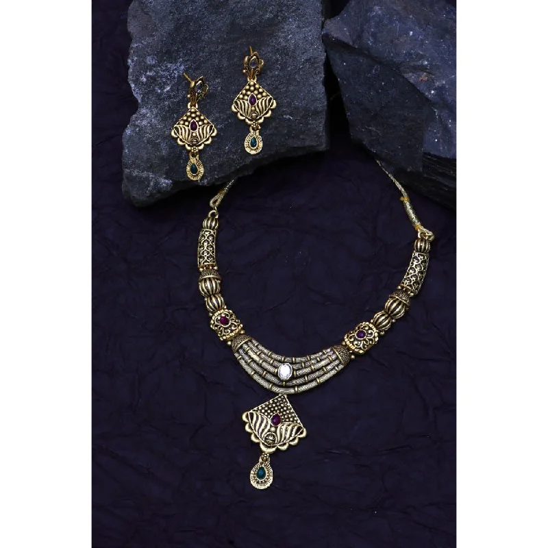 Layered chain necklaces-Bhavi Jewels Gold Plated Pota Stone  Necklace Set