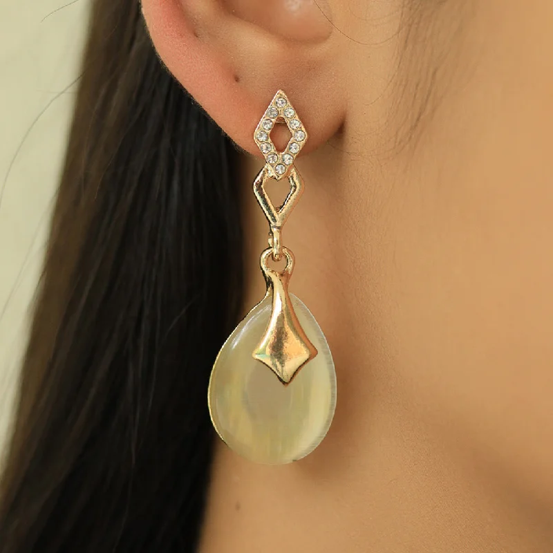 Layered drop earrings-Elegant Gold-Toned Oval Shape Diamonti Stud Earrings With Moonstone Drops