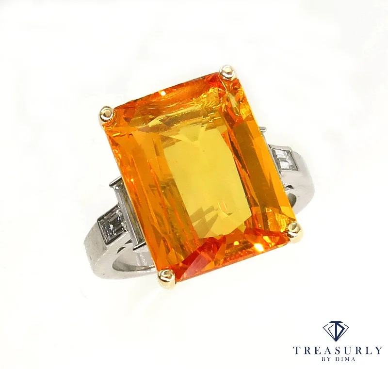 Radiant star rings-9.66ct GIA Natural Yellow-Orange Sapphire and Diamond Platinum Ring