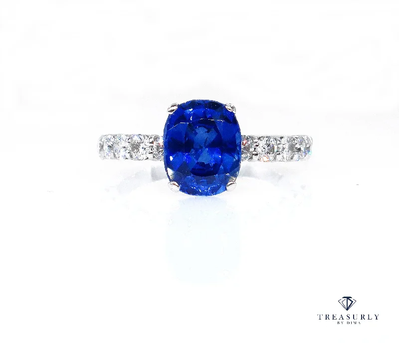 Glossy band rings-Vintage Estate GIA 2.82ct Synthetic SAPPHIRE Diamonds Engagement Wedding 18k Ring