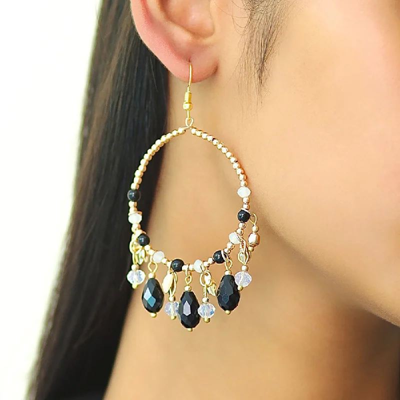 Astro motif earrings-Oversized Gold-Toned Oval Shaped Multicolor Rhinestone & Beaded Drop Boho Hook Earrings