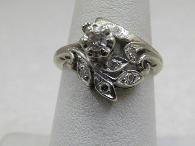 Surf motif rings-Vintage 14kt Multi-Diamond Ring, 1940's , White Gold, Signed BaumF, Sz. 7