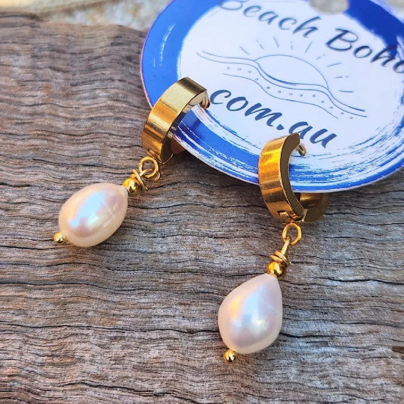 Flat gem earrings-BAROQUE PEARL HUGGIE - SILVER GOLD & ROSE GOLD -  WATERPROOF EARRINGS