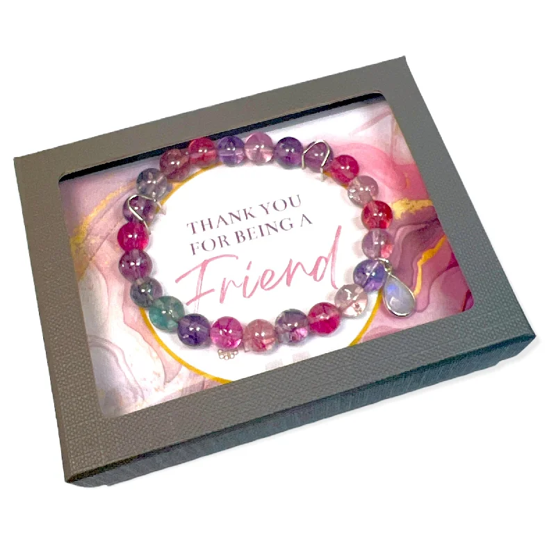 Reed braid bangles-Colorful Quartz with Moonstone Sterling Silver Charm "Thank You for Being a Friend" Bracelet Gift Box