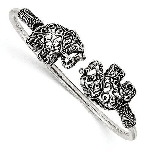 Flex cord bangles-Sterling Silver Antiqued Filigree Elephant Flexible Bangle Bracelet