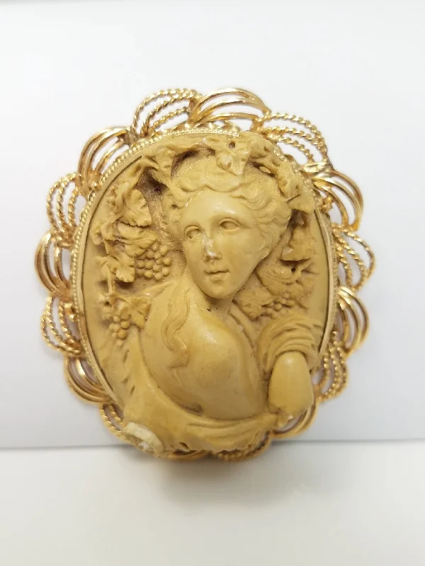 Java tile brooch-Outrageous Victorian 14k Yellow Gold Lava Cameo Brooch Pendant