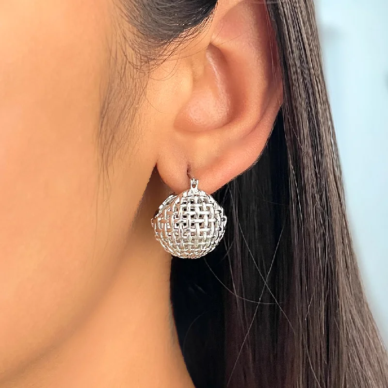 Thick hoop earrings-Contemporary Bold Silver-Toned Metallic Mini Disco Ball Basket Hoop Earrings