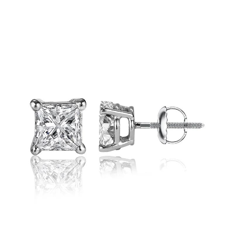 Lily motif earrings-1 ½ Carat Princess Cut 14K White Gold 4 Prong Basket Set Diamond Solitaire Stud Earrings (Signature Quality)