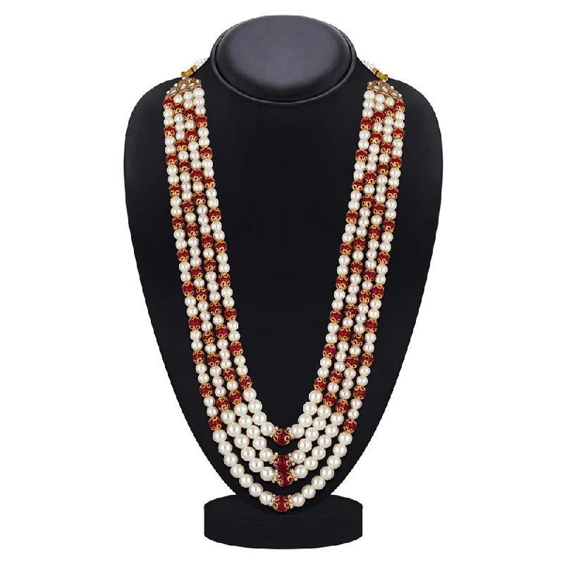 Heavy collar necklaces-Mahi 4 Layers Red and White Artificial Beads Base Groom / Dulha Mala Moti Haar Necklace for Men (ML1108109GRed)