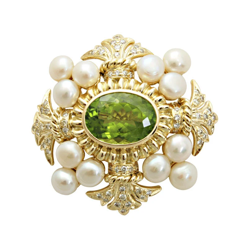 Surf motif brooch-Brooch-Peridot, Pearl and Diamond