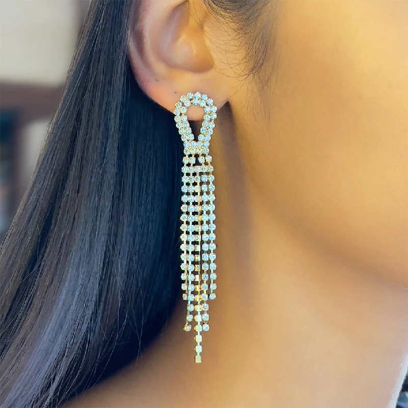 Surf motif earrings-Contemporary White Diamante Crystal Studded Gold-Toned Long Tassel Drop Earrings