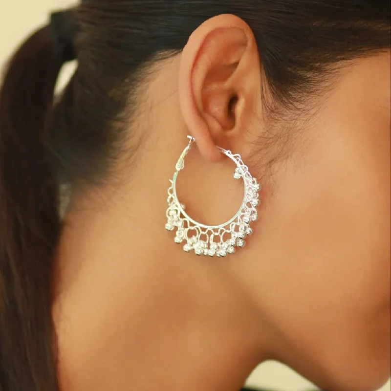 Thick hoop earrings-Silver-Toned Ethnic Hoop Earring for Daily and Evening Wear for women