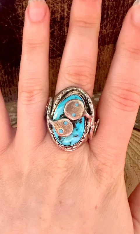 Worn texture rings-JUDE CANDELARIA Zuni Snake Silver & Turquoise Ring • Size 11 1/2