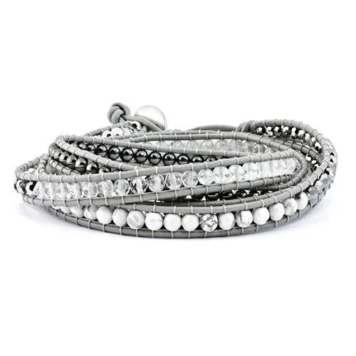 Tiny dot bangles-Crystal, Hematite & White Howlite Bead Leather Multi-Wrap Bead Bracelet